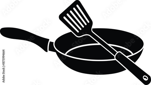 Frying pan silhouette, kitchen utensil icon, cooking spatula, black vector, culinary tool, minimal design, food preparation, cookware graphic