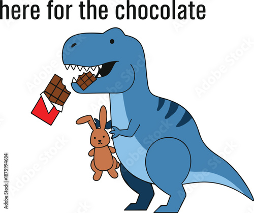 Funny cartoon dinosaur with chocolate, holding stuffed bunny, cute character, snack moment, whimsical style, kids design, sweet craving