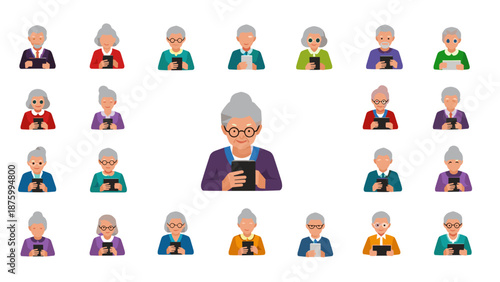 A colorful vector graphic illustration of a senior woman surrounded by smaller versions of herself in various colors