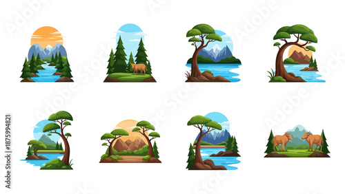 A set of eight colorful vector landscape illustrations featuring trees and mountains