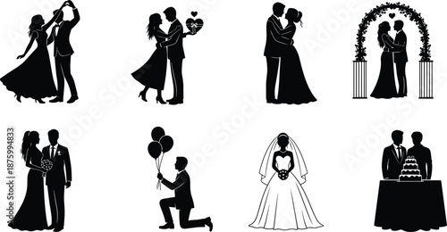 Wedding couple silhouettes set showing love proposal dance ceremony bride groom isolated on white background vector illustration romantic elegant collection