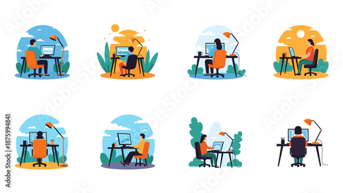 A set of colorful vector illustrations depicting people working remotely in various outdoor settings with laptops and coffee