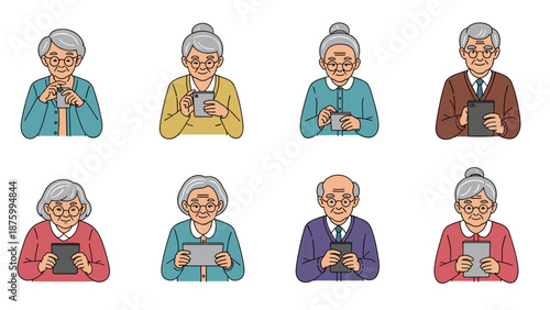 A vector graphic illustration of elderly people reading books in various colorful outfits