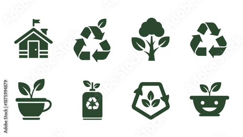 A set of eco-friendly vector icons featuring recycling symbols and green plants