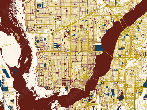 Flat city map of Cape Coral, Florida in gold street network with deep red water