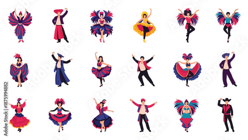 A vibrant vector graphic illustration of various dancers in colorful costumes and traditional attire.