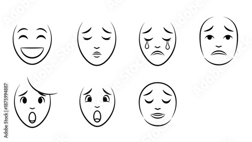 A set of eight emoticon faces expressing various emotions in a simple line art style