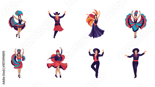 A vibrant vector graphic illustration of eight flamenco dancers in various dynamic poses