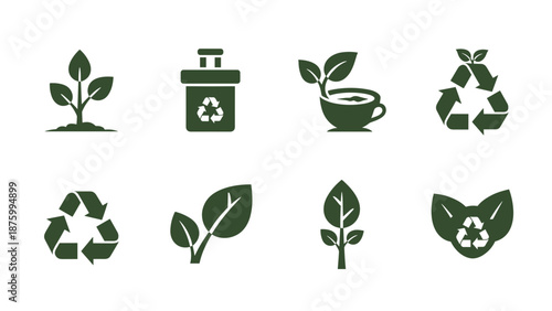 A set of green vector icons illustrating eco-friendly concepts and recycling symbols