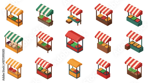 A colorful vector graphic illustration of multiple market stalls with striped awnings and various goods on display