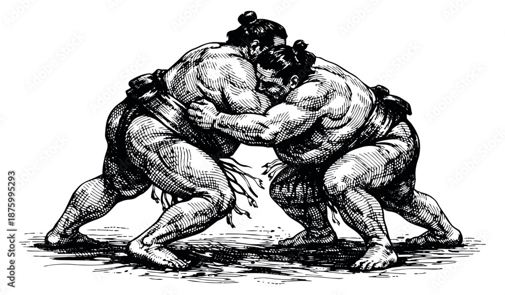 Fototapeta premium Hand drawn line art illustration of two sumo wrestlers depicting grappling for sports competition