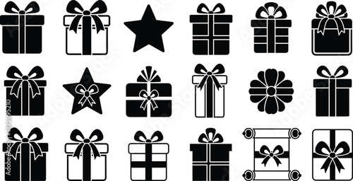 Gift box icons, black white, ribbon design, scroll, star, rosette, outline style, minimal, festive, holiday, celebration, reward, graphic, present, decorative, simple, elegant, isolated, UI, web