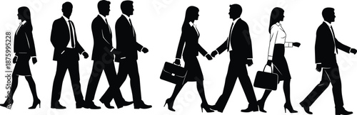 Business people silhouettes walking and shaking hands professional teamwork concept office workers leadership corporate success vector illustration isolated black background