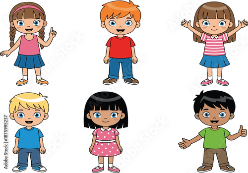 Cartoon children characters set with boys and girls smiling, cute kids poses, diverse childhood expressions, education, play, friendship vector illustration