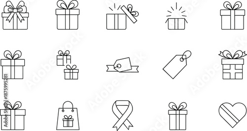 Gift icon set, black and white, line style, present box, ribbon, heart, tag, shopping, holiday, celebration, minimal, outline, festive, charity, donation, ecommerce, web, app, graphic, design