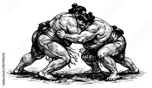 Hand drawn line art illustration of two sumo wrestlers depicting grappling for sports competition