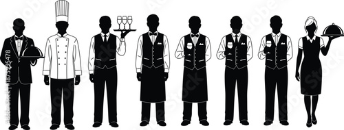 Restaurant service staff silhouettes set chef waiter waitress bartender hotel catering team black vector illustration isolated white background