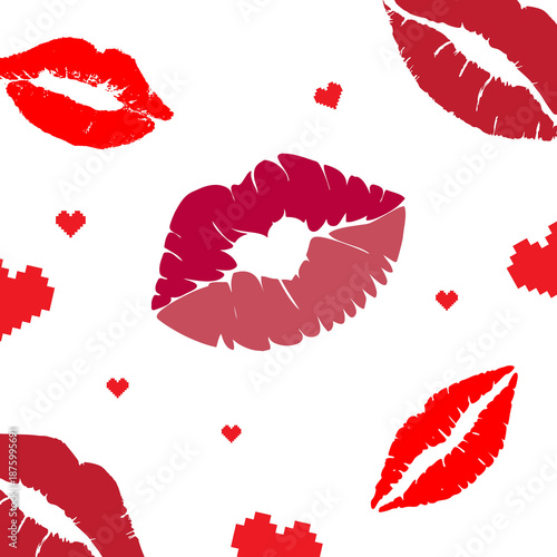 Red Lipstick Kiss Prints with Pixel Hearts on White Background, Romantic Vector Illustration for Valentine's Day and Beauty Branding