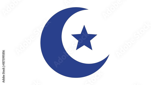 An abstract graphic illustration featuring a stylized blue crescent moon symbol paired with a five-pointed star, representing a classic emblem of celestial bodies and universal concepts