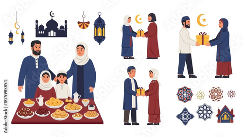 Happy Muslim Family Celebrating and Giving Gifts During Ramadan or Eid Festivities