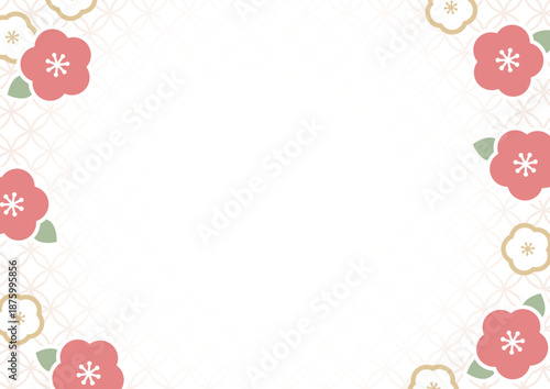 梅の花と七宝文様の和風円形フレーム背景｜早春の上品デザイン A4 横