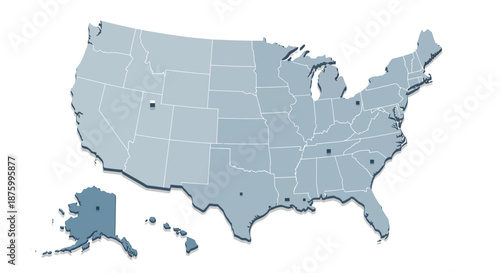 United States Map with Location Markers Highlighting Major Cities and States for Travel or Business Purposes