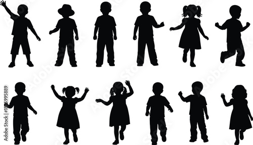 Children silhouette collection showing boys and girls playing, waving and jumping, cute active kids poses set, black vector illustration