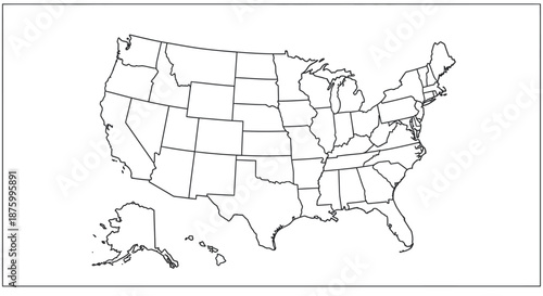Outline map of the United States of America, showing all the states and also Alaska