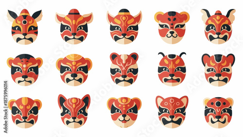 Vibrant Vector Set of Traditional Asian Animal Masks Featuring Stylized Tiger Faces and Mythical Creatures for Cultural Themes and Festivities