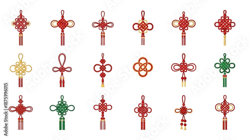 A vibrant collection of traditional Asian decorative knots, symbolizing good fortune and prosperity, meticulously crafted as intricate cultural emblems for celebration and heritage designs