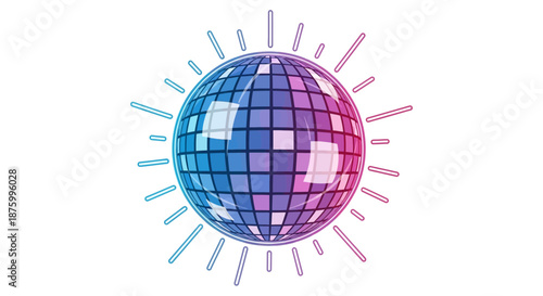 Retro disco ball reflecting vibrant purple and blue light beams, symbolizing a fun and energetic party atmosphere
