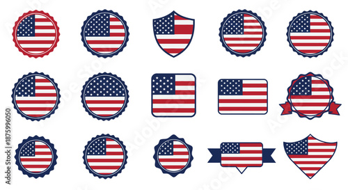 Collection of American flag badges and emblems in various shapes and designs