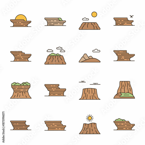 Collection of Cartoon Cliff Illustrations with Sun and Clouds.