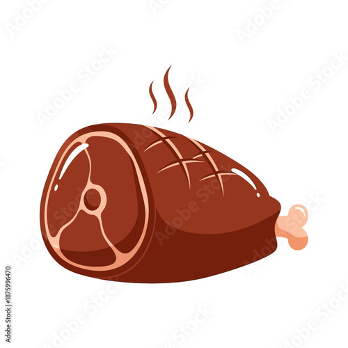 Cartoon Roasted Ham Leg with Bone, Steaming and Sizzling