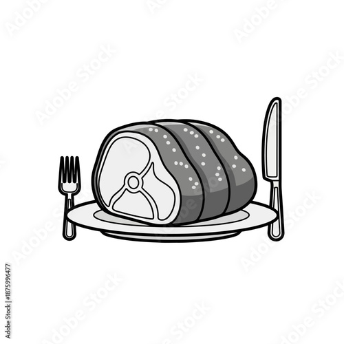 Cooked Roast Meat on Plate with Fork and Knife, Food Illustration