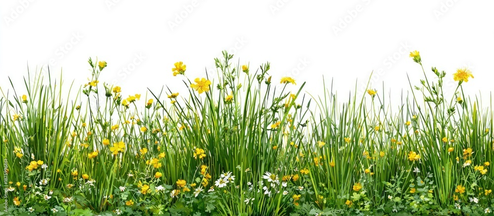 Fototapeta premium Wildflower Meadow with Lush Green Grass and Yellow Flowers on White Background