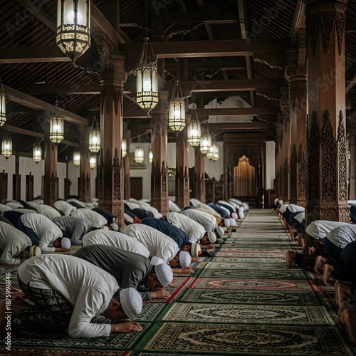 Muslim men in traditional clothing performing sujud or prostration during congregational prayer in a wooden mosque.
