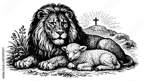 Vintage line art illustration of a lion and a lamb depicting peace and religious symbolism for spiritual designs