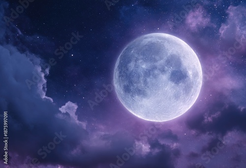 Wallpaper Mural Full moon glows brightly amid wispy, dreamy, purple-tinged clouds at night Torontodigital.ca