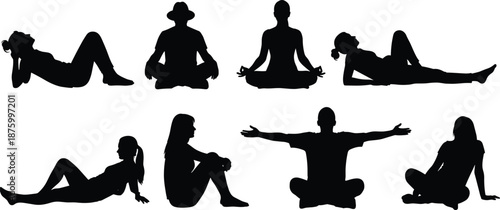 Seated yoga and fitness silhouette set with men and women meditating, stretching and exercising, wellness home workout black vector collection