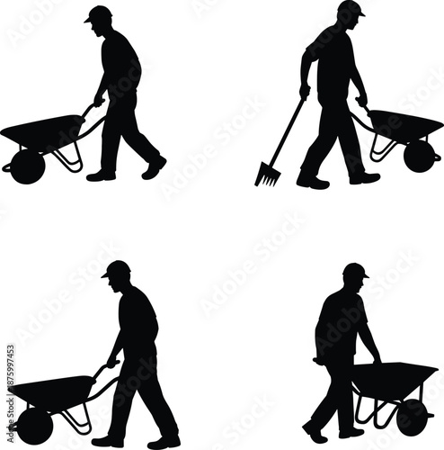Gardening worker silhouette, wheelbarrow activity, yard labor poses, outdoor tools, landscaping vector, black figure illustration, agriculture equipment, manual work scene