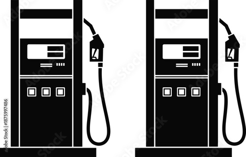 Gas station fuel pump icon set, black silhouette vector illustration, petrol dispenser equipment symbols, isolated on white background, for modern energy branding