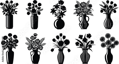 Flower vase silhouette, floral arrangement icon, black vector design, botanical illustration, decorative vase set, elegant flower graphic, minimal style