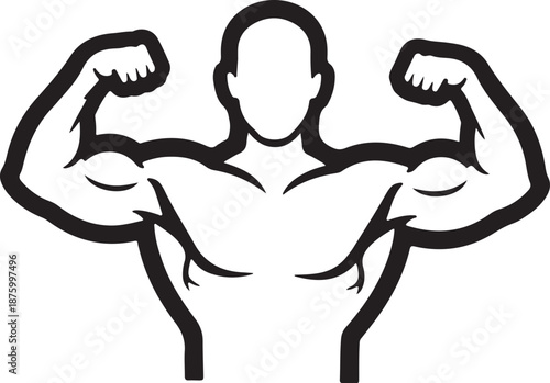 Muscular Man Flexing Biceps in Black and White Illustration