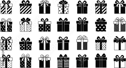 Gift box icons collection, black and white present silhouettes set, ribbon wrapped packages, minimal flat vector illustration for holidays celebrations branding design