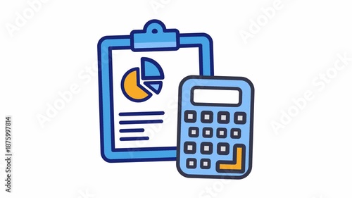 Clipboard with a pie chart and a calculator. Ideal for financial presentations, business reports, infographics and marketing material.