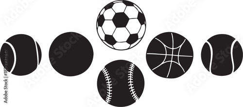 Collection of various sports balls icons in black and white