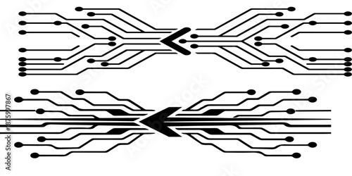 Fotografie ‎A minimalist abstract technology illustration featuring black circuit-board traces on a white background