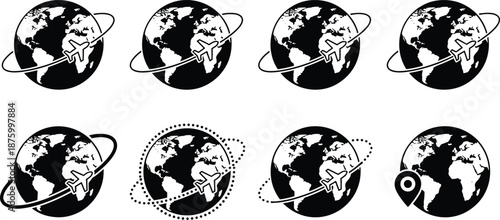 Global travel icons vector illustration set with airplane orbiting world map, black silhouette symbols for tourism, flight routes, international navigation 