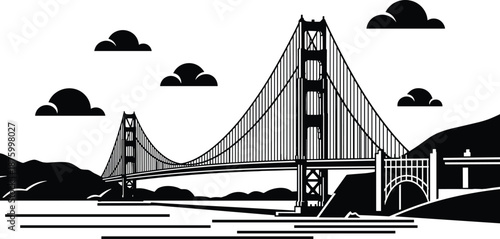 Golden Gate Bridge silhouette vector illustration, San Francisco landmark skyline, minimalist black white design for travel, architecture, tourism, branding, poster, editorial commercial use